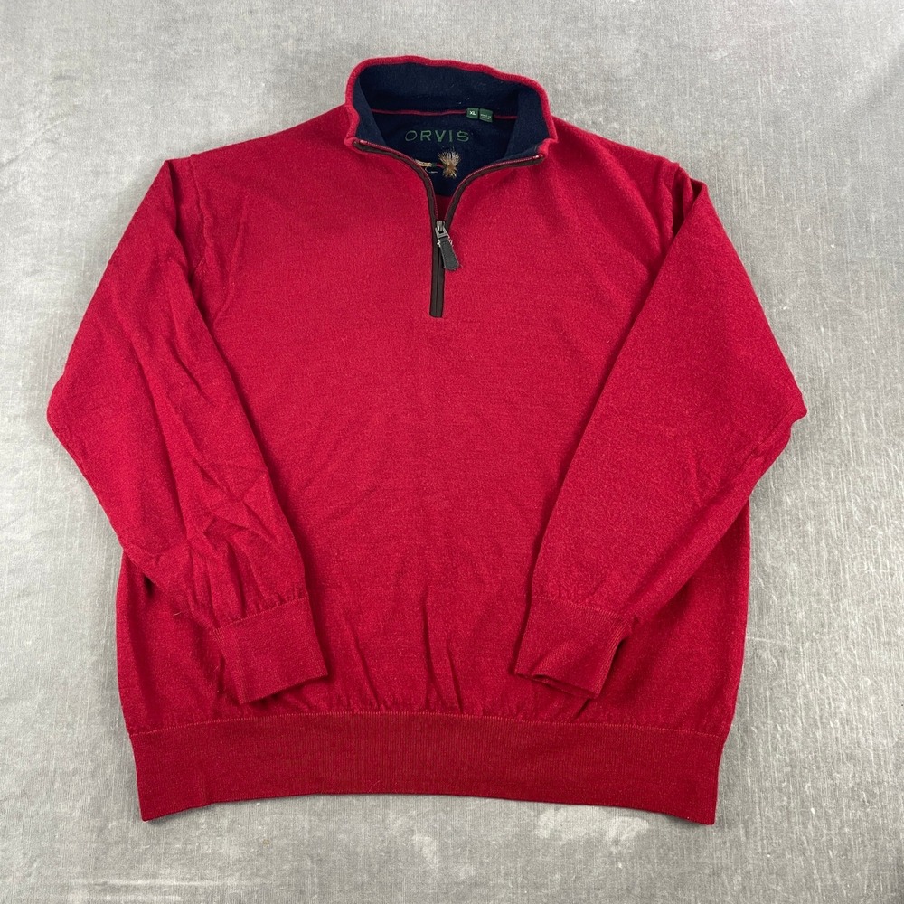 Orvis Mens XL Red 100% Merino Wool Quarter Zip Pullover Sweater Mock Neck